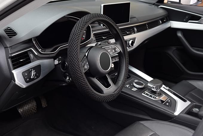 KAFEEK Elastic Stretch Steering Wheel Cover,Warm in Winter and Cool in Summer, Universal 15 inch, Microfiber Breathable Ice Silk, Anti-Slip, Odorless, Easy Carry,Black