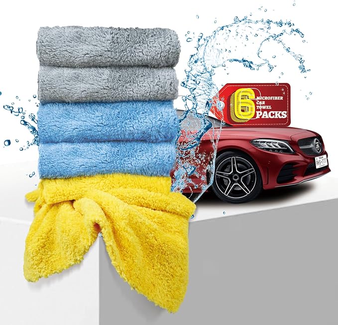 Car Wash Drying Towels, 450gsm Ultra-Thick Absorbent Lint-Free Extra Soft Microfiber Rags for Car Detailing, Interior & Exterior Cleaning Cloths, 16in x 16in - Microfiber, Mixed Colors, 6 Packs