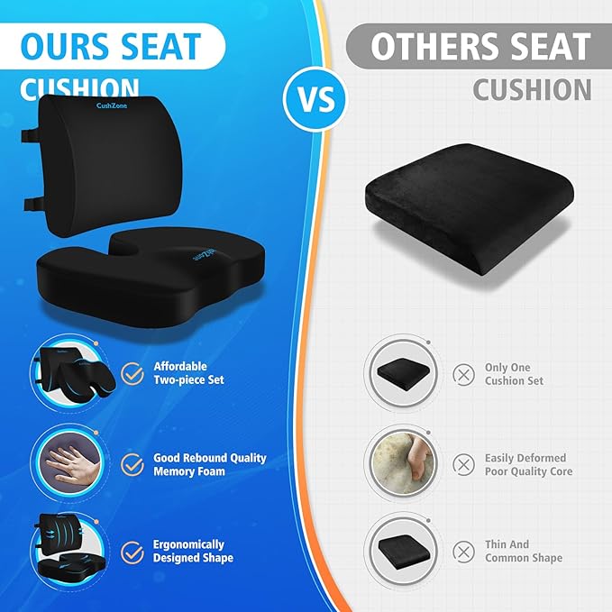 CushZone Seat Cushion, Lumbar Support Pillow with Adjustable Strap-Chair Cushions for Sciatica Pain Relief-with Washable Cover for Car, Travel and Wheelchair, Black, X-Large