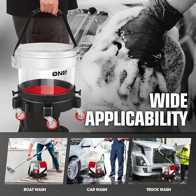 DNA Motoring 5 Gallon Washing System Includes 15.5L Bucket, Filtration System Insert, Five Castor, Bucket Dolly, and Lid for Car Wash and Detailing, Transparent, TOOLS-00603