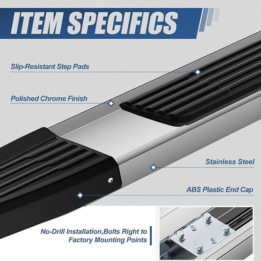 Auto Dynasty Flat Running Boards Compatible with 2009-2024 Dodge Ram 1500 2500 3500 Crew Cab 4-Door, Stainless Steel Side Step Rail Nerf Bars, 6" Step Bars, Polished Chrome