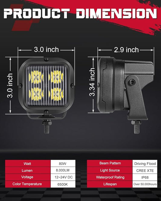 LED Pods, OFFROADTOWN 3inch 80W CREE LED Pods Off Road Driving Lights Cubes Ditch Light Backup Reverse Lights for Truck Pickup Dirt Bike UTV ATV SUV Boat 4x4 Car - Driving Flood Beam