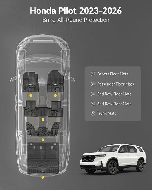 3W Floor Mats and Cargo Liner Fit for Honda Pilot 2023 2024 2025 2026, Custom Fit All Weather Honda Pilot Accessories Odorless Anti-Slip TPE Full Set Mats Black