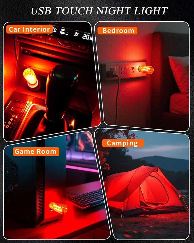USB Light Touch Dimmable Retro USB Led Lights for Car,Mini USB Light Bulb Ambient Lighting for Car Bedroom Party Christmas Hallway Camping,Red 2Pack