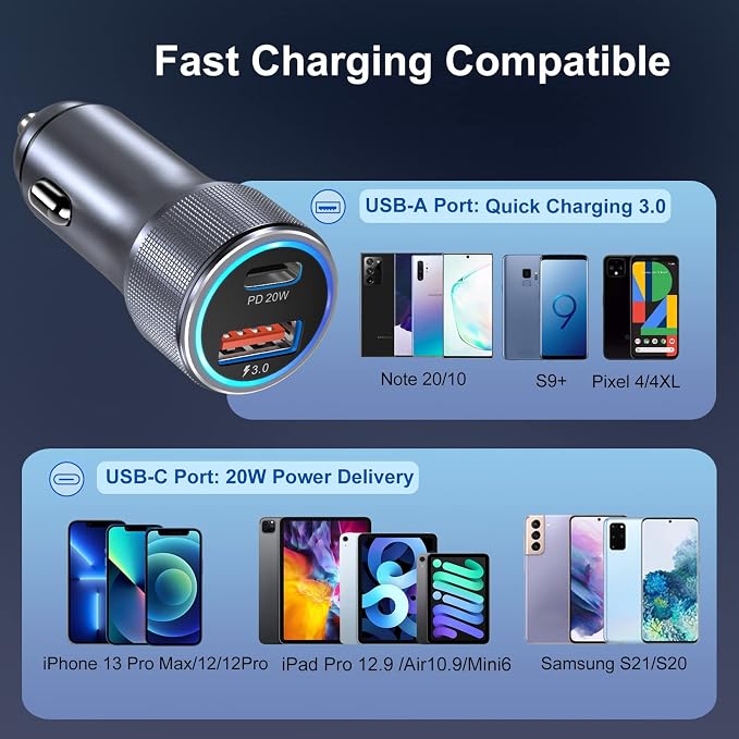 5 Pack USB C Car Charger, Bangfun 36W Dual USB Car Adapter Fast Charge PD&QC 3.0 Cigarette Lighter USB Charger Compatible iPhone 15 14 13 12 11 Pro Max SE,iPad,Samung S24/S21/S20, Pixel(Grey)