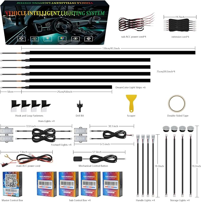 Dreamcolor Acrylic Car Interior Lights 18 in 1 RGB Car Ambient Lighting Kit APP Control Zoned Control System 252 Color Modes DIY 16 Million Colors Music Sound Active Neon Light Kits New Version