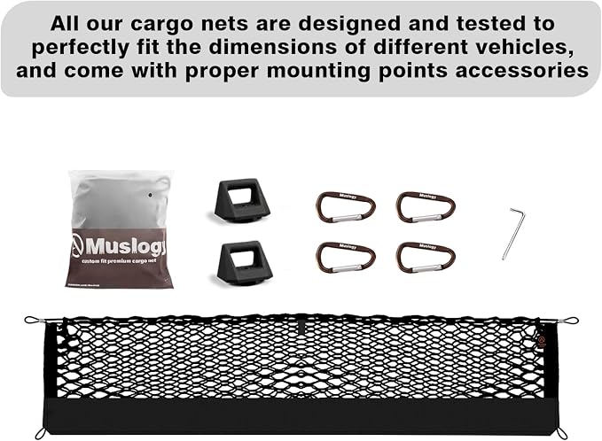 Muslogy Truck Bed Cargo Net Trunk Netting Compatible with Tesla Cybertruck 2024 2025 2026 Accessories, Pickup Cargo Organizer SUV Sedan Storage Net w/Heavy Duty Carabiners