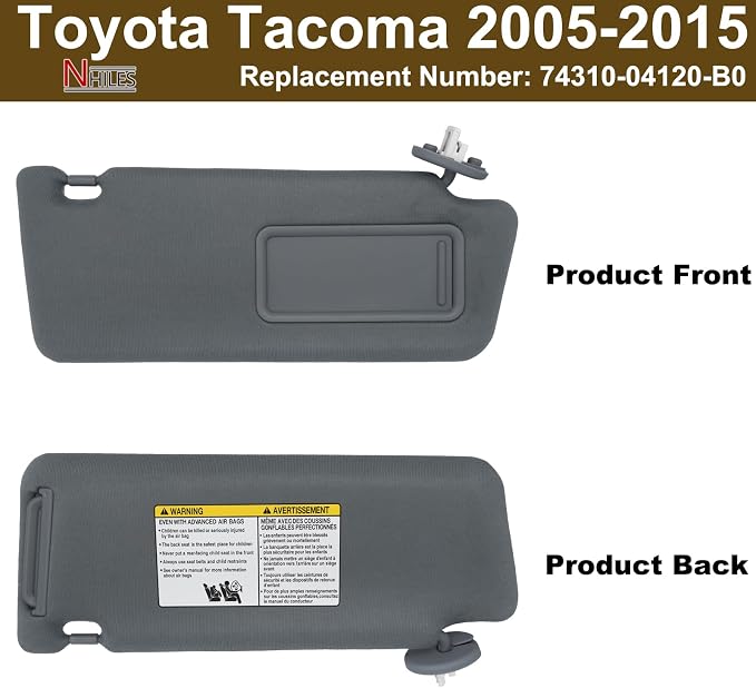 NHILES Passenger Right Side Sun Visor Replacement Fits for Toyota Tacoma 2005-2015 Sunshade with Light 7431004120B0 Color Dark Gray