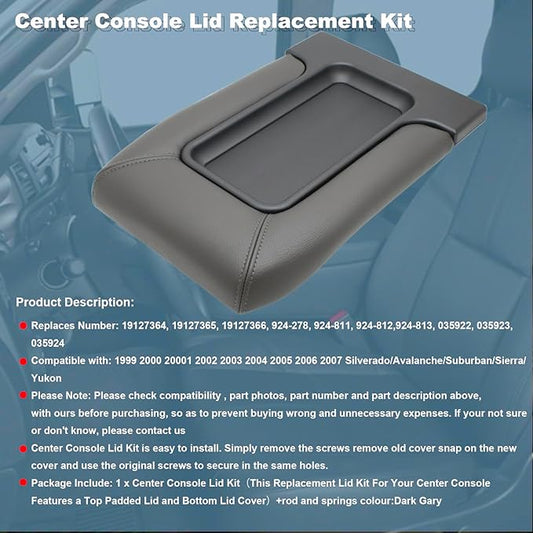 NHILES Center Console Lid Replacement Kit for 1999 2000 2001 2002 2003 2004 2005 2006 2007 Silverado/Avalanche/Suburban/Sierra/Yukon Replaces Number 19127364, 19127365, 19127366 (Dark Gray)