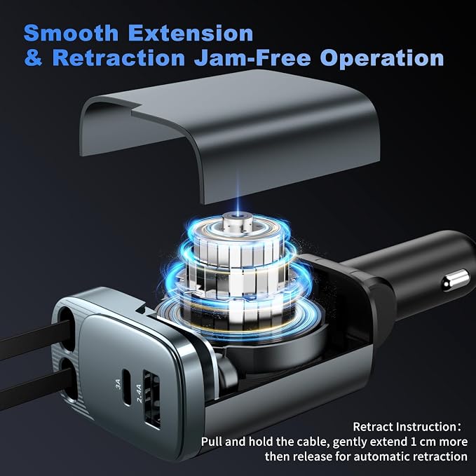 Retractable Car Charger, 4 in 1 Car Charger USB C Fast Charge, Cigarette Lighter USB Charger, Travel Essentials Car Accessories Gifts for Men Women for iPhone 17 16 15 14 13 12 Pro Max, Samsung