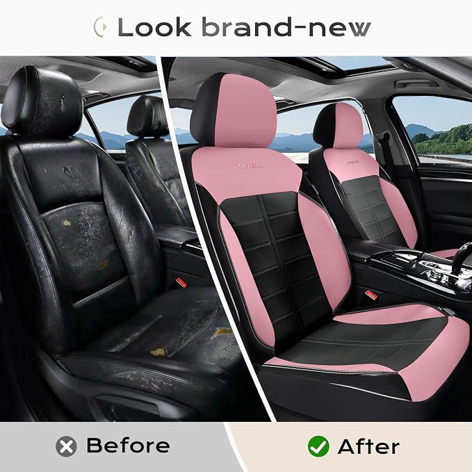 Coverado Car Seat Covers Front Seats Luxury Faux Leather Waterproof Seat Covers Car Seat Protector Automotive Seat Covers Cushion Universal Fit for Most Cars SUV Trucks, Pink&Black