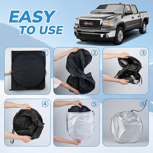 Windshield Sun Shade B&W American Flag USA Patriotic Design - Folding Car Front Window Sunshade for Cars SUV Trucks, Max UV Blocking and Keep The Vehicle Cool XL