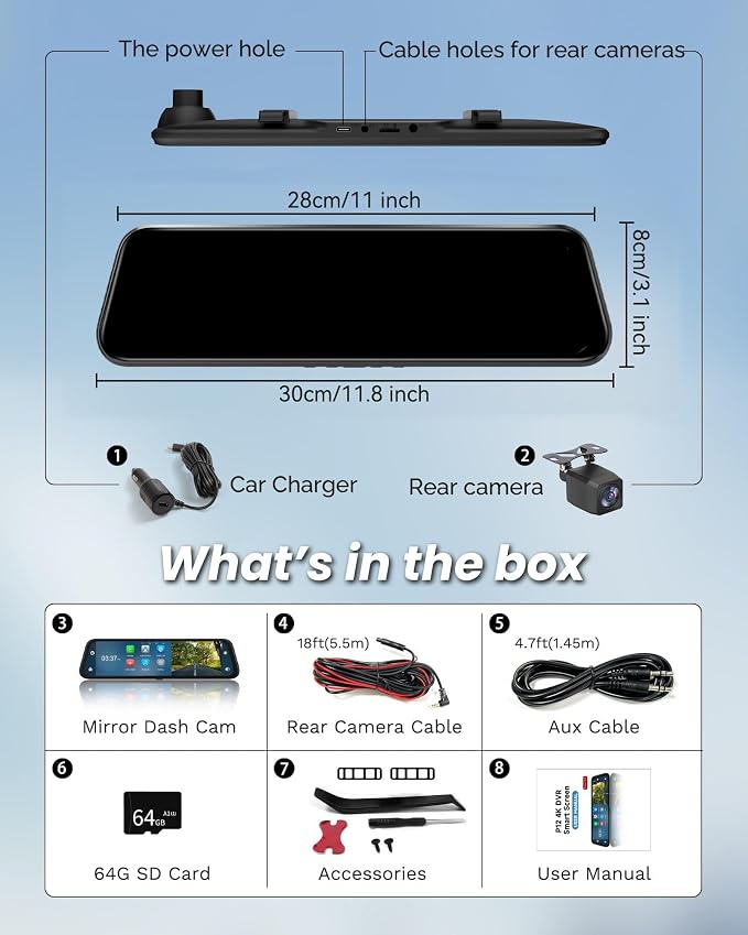 12'' Rearview Mirror Camera with CarPlay&Andorid Auto,4K Mirror Dash Cam Front and Rear Backup Camera with Reverse Assist/Loop Record/G Sensor/Voice Control&Split Touch Screen,64GB Card Included
