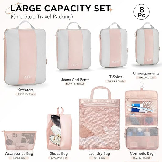 OlarHike 8 Set Compression Packing Cubes for Travel Gifts Mom Women,Airplane/Cruise/Car Travel Essentials,Compressible Expandable Space Saver Bags,Garment Bags with Over 1000 pcs Mesh Holes(Beige)