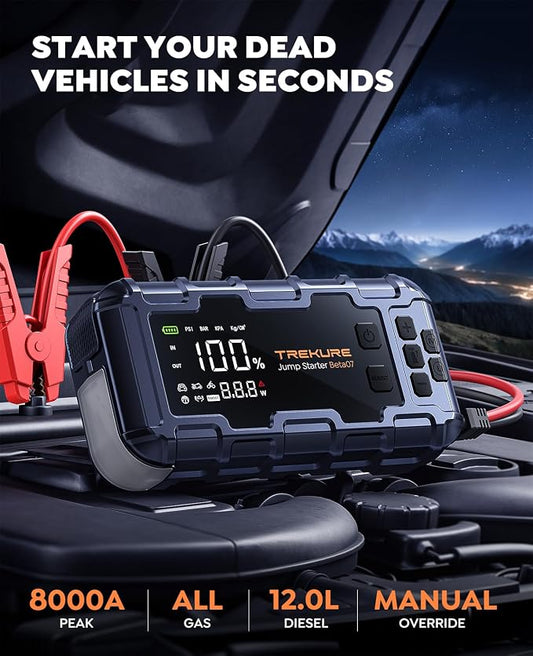 TREKURE 10-in-1 Car Battery Jump Starter Box with Jump Cables & Gloves for All Gas & 12L Diesel, 8000A Portable Battery Charger with Air Compressor, 160PSI, PD45W Charging