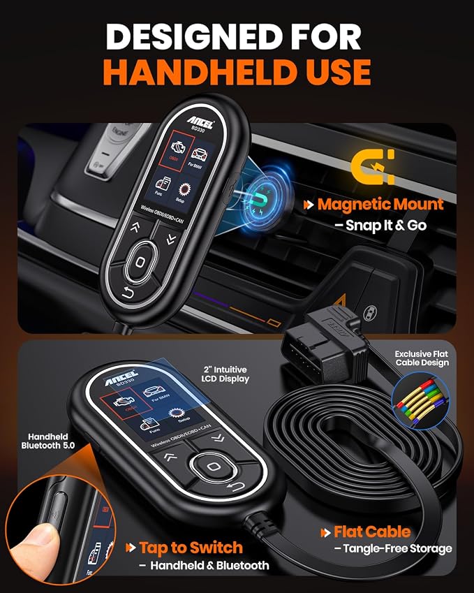 ANCEL BD330 BMW OBD2 Scanner for BMW, MINI, and Rolls-Royce Vehicles, ABS Full-System Diagnostic Scan Tool, Battery Registration/BAT Check, EPB/Oil/Throttle Reset, 3-in-1 Bluetooth/Wired/HUD- Black