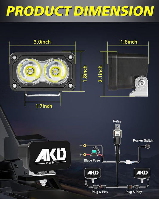 LED Pods with Wiring Harness & Black Covers 3 Inch 40W Spot CREE LED Pod Lights Small Off Road Driving Lights Fog Light 2 Packs for Trucks Motorcycle UTV ATV SUV Dirt Bike