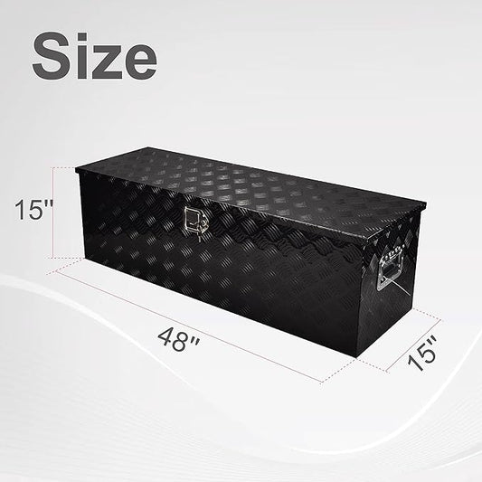 48 Inch Aluminum Heavy Duty Truck Bed Tool Box Truck Car Outdoor Trailer Pickup Underbody Toolbox, RV Storage Organizer W/Lock & Keys, 5 Bar Tread, Black (48"X15"X15")