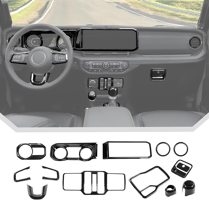 JeCar 14-Piece Black Carbon Fiber Interior Trim Kit for 2024 2025+ Jeep Wrangler JL JLU Gladiator JT - Center Console Dash Interior Decoration Accessories