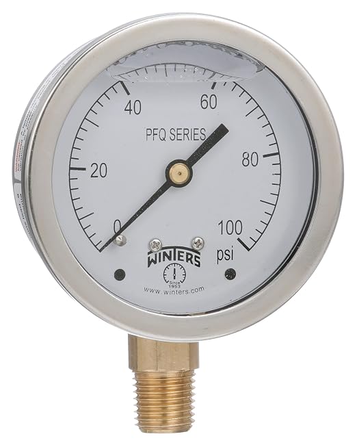 Winters 2-1/2" Dial Size, Liquid Filled Industrial Pressure Gauge, Brass Internals, 304 Stainless Steel Case, Single Scale 0-100 psi, 1.5% Acc, 1/4" NPT Bottom Mount, Glycerin Filled Pressure Gauge