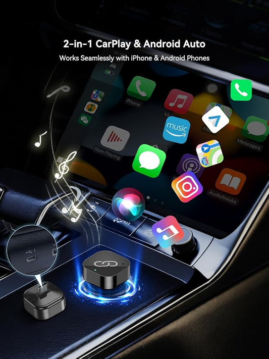 2-in-1 Wireless CarPlay Adapter USB C for Factory Wired CarPlay and Android Auto, 5GHz WiFi Bluetooth 5.0 Auto Reconnect, Low-Latency Dongle, Black