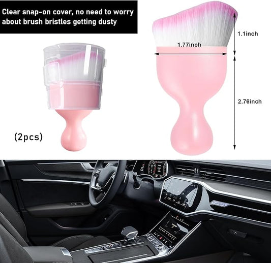 Ziciner 2 PCS Car Detailing Brush, Curved Soft Bristles Auto Removal Dust Collectors, Universal Vehicle Dashboard, Air Conditioner Vents etc Interior Cleaning Tool Accessory (Pink/Pink)