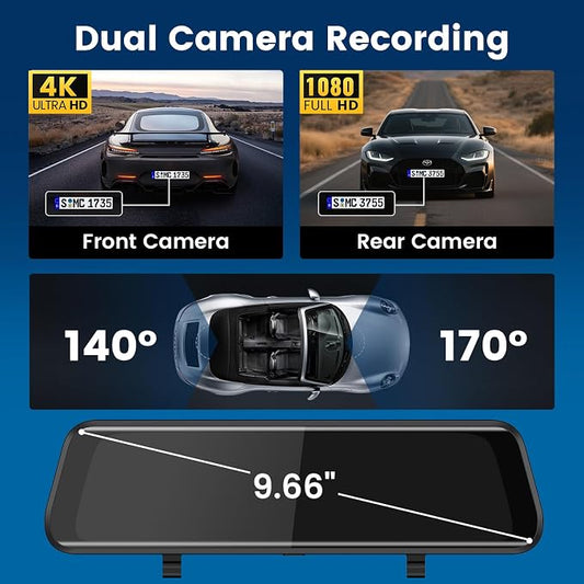4K Mirror Dash Cam Front and Rear, 10'' Touch Screen Rear Digital View 1080P Rear Mirror Camera for Cars, 170Β° Night Vision, WDR, 24H Parking Monitoring/Rerverse Assist/Voice Control/G Sensor