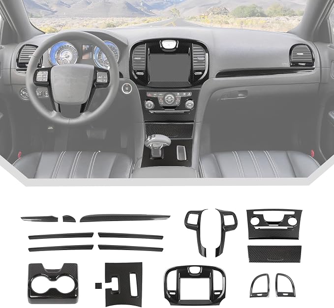JeCar 17pcs Full Set Carbon Fiber Interior Trim Accessories for 2011-2014 Chrysler 300/300C - Center Console, Dashboard, Rear Cup Holder Panel Decoration Upgrade