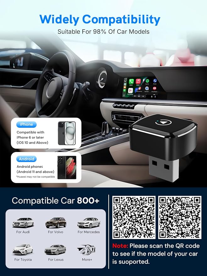 Wireless CarPlay Adapter for Apple iPhone, Mini car Play Android Auto Adapter,Converts Wired to Wireless CarPlay , Multi-User Plug & Play Dongle No Latency,for iOS 10+&Android 11 (Black)