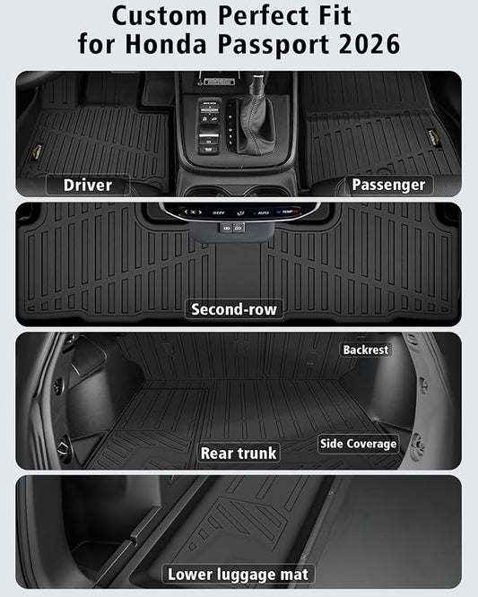 Floor Mats Custom for Honda Passport 2026 Trunk Mat with Backrest Mat All Weather TPE Rubber Cargo Liner Full Set Floor Liners for Passport Accessories (Trunk Mat+Backrest Mats+Floor Mats)