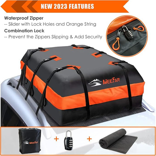 Car Roof Bag XBEEK Rooftop top Cargo Carrier Bag 20 Cubic feet Waterproof for All Cars with/Without Rack, Includes Anti-Slip Mat, 10 Reinforced Straps, 6 Door Hooks, Luggage Lock