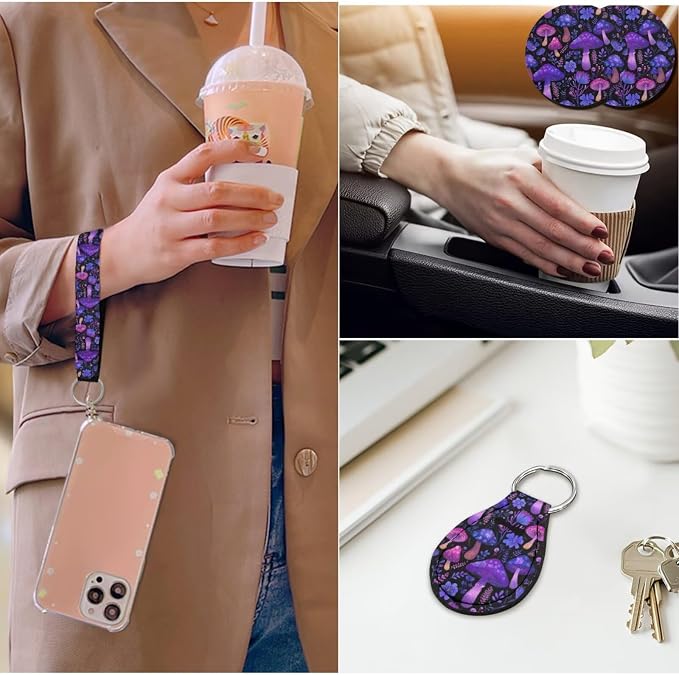 14 Pcs Purple Mushroom Car Seat Covers Full Set with Auto Steering Wheel Cover Armrest Cushion Protector Seat Belt Covers,Rianbow Mushroom Auto Accessories,Universal Fit Cars SUV Trucks
