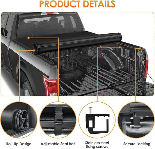 Nilight Soft Roll Up Truck Bed Cover Compatible with Ford F150 2004 2005 2006 2007 2008 2009 2010 2011 2012 2013 2014 6.5ft
