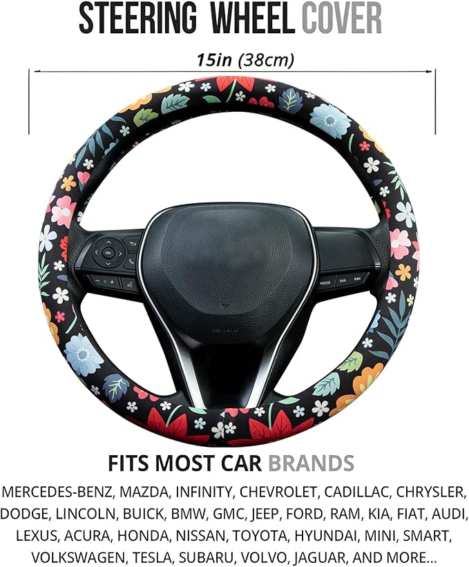 Colorful Floral Flowers Steering Wheel Cover Auto Steering Wheel Protector, Anti-Slip, Breathable, Absorbing Sweat, Universal Floral Car Accessories 14.5–15 inch