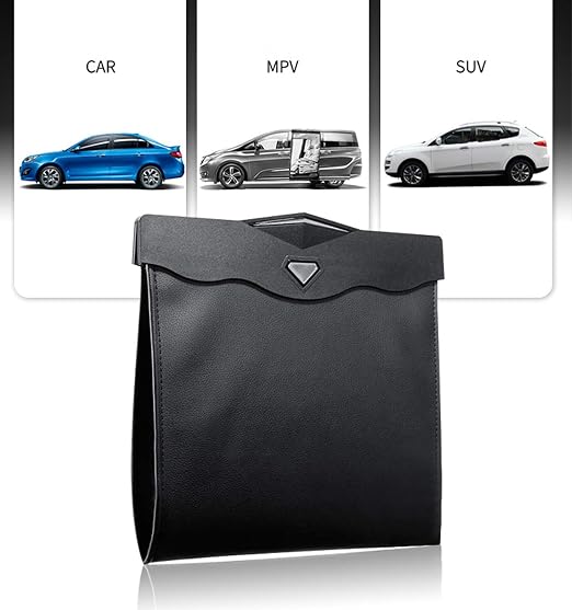 Car Trash Bin w/50pcs Trash Bag Smart LED Luxury Leather Garbage Can Folding Garbage Bin Waterproof Car Rubbish Bag Car Interior Garbage Can Office Toilet Trash Bin for Universal Vehicle-LARGE