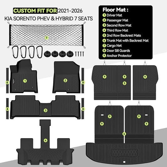 Tongama-Floor Mats for 2021-2026 Kia Sorento PHEV & Hybrid 7 Seats/Bench Seat, All Weather TPE Trunk Mat with Backrest Mat & 2nd Row Backrest Mats & Cargo Net & Door Sill Guards