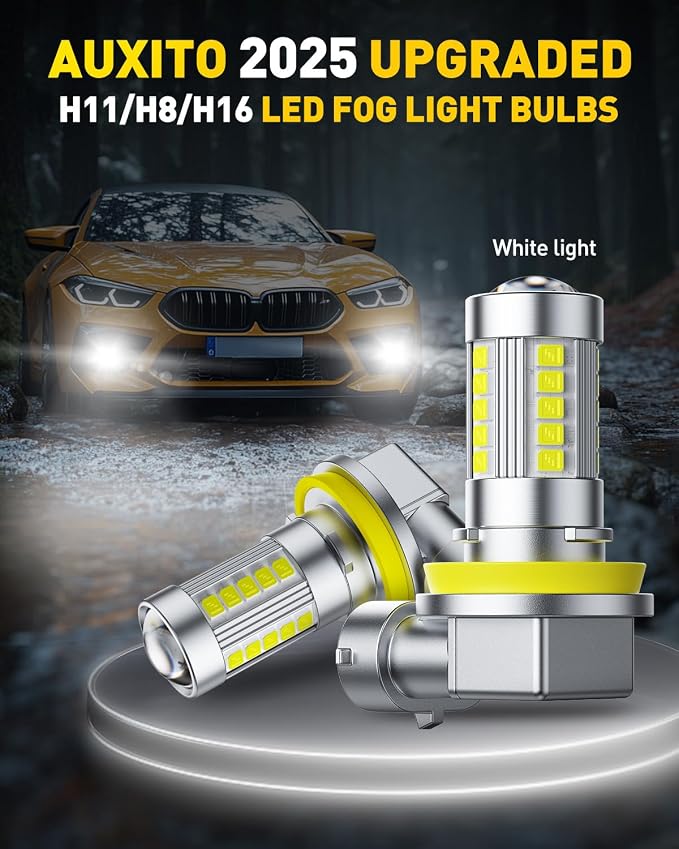 AUXITO Upgraded H11/H8 LED Fog Light Bulbs, 6500K Cool White, 1:1 Mini Size H11/H8/H16 LED Fog Light Bulbs, 360° Full Illumination(Pack of 2)