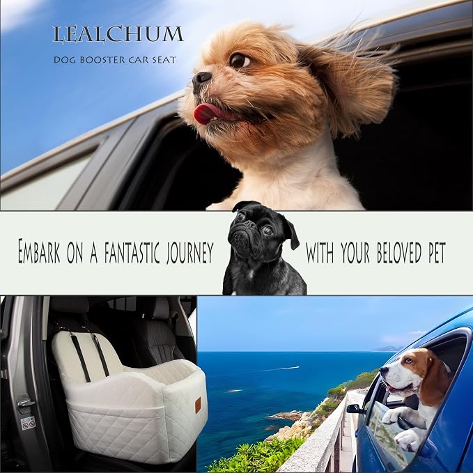 Lealchum Dog Booster Car Seat,Ultra Soft Fabric & Filling Memory Foam,Elevated Cushion,3 Straps & Safety Belt Channel,Anti-Slip Base,Fully Detachable and Washable(Beige,Medium)