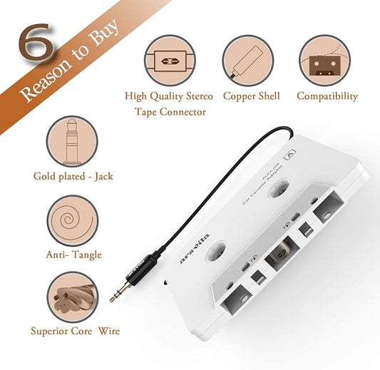 arsvita Car Audio Cassette to Aux Adapter, 3.5 MM Auxillary Cable Tape Adapter
