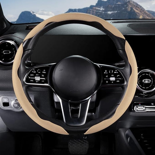 Car Steering Wheel Cover Leather Snap On 3Pcs Set Non-Slip Protector Wrap Steering Wheel Accessories 14.5-15 inch Universal Beige
