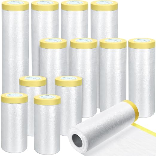 Fainne 12 Rolls Assorted Plastic Sheeting Pre Taped Masking Film Clear Masking Paper for Automotive Painting Covering Painting Supplies, 3 Multi Sizes x 66 Feet/roll
