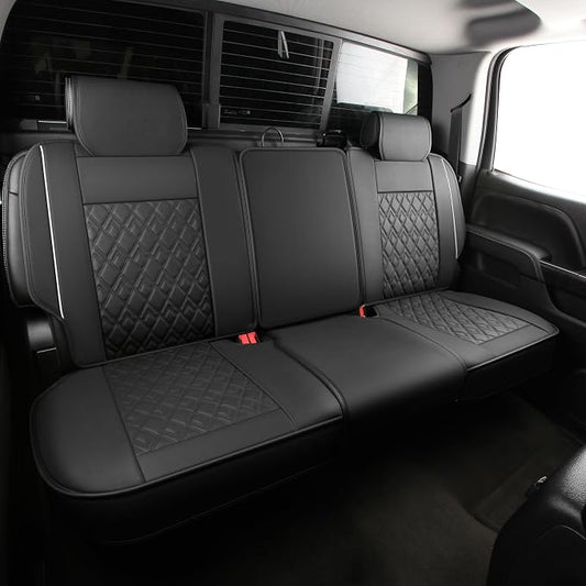 JOJOBAY Chevy Silverado Seat Covers,Leather Seat Covers for GMC Sierra,Custom Fit 2007-2026 1500 2500HD 3500HD Crew Double Extended Regular Cab,LT LZT RST(Rear Seat Covers,Black White)