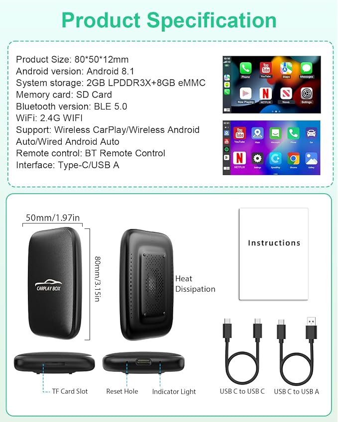 6-in-1 Wireless Carplay Adapter with Netflix YouTube TF Card, Android Auto Wireless Adapter and CarPlay, Plug & Play, Easy Setup, Magic Video Ai Box for OEM Wired Apple Car Play Cars & iPhone