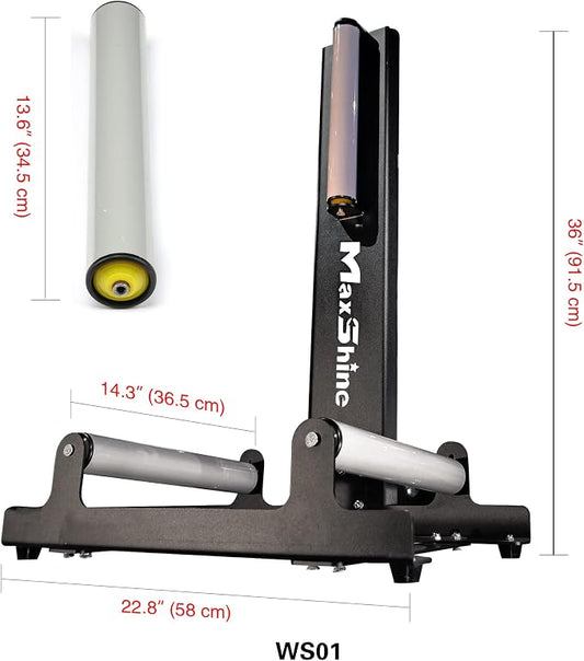 Maxshine Wheel Rim Detailing Rolling Wheel Stand (WS01) - 23βL x 14βW x 36βH, 360Β° Tire & Rim Detailing, Ceramic Coating, Tire Shine, Wheel Wash & Roller Stand - Black