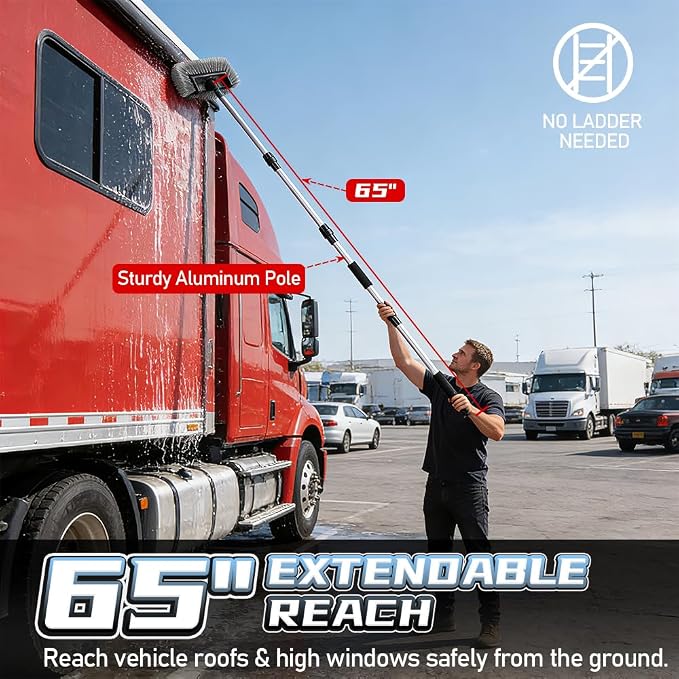 65" Flow-Thru Car Wash Brush with Universal Garden Hose Adapter, Extendable Aluminum Long Handle Cleaning Pole for RV Truck SUV Boat & House Siding,Scratch Free,Grey