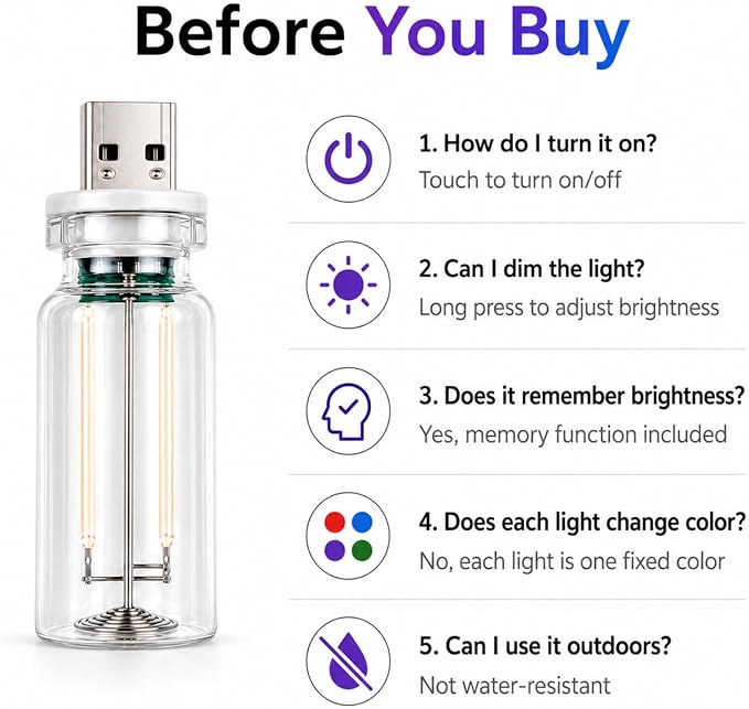 4PCS Dimmable USB Touch Control Led Night Lights, Glass Plug in USB Light Bulbs, Cute Interior Car Lights, Retro Led Ambient Lighting, Small Mood Lamp for Bedroom, Hallway, Nursery, Camping