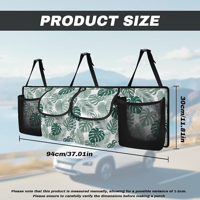 Tropical Leaves Car Backseat Organizer Adjustable & Waterproof Cars Interior Accessories Backseat Hanging Storage Bag with 4 Pockets Universal Fit for Most Cars,SUV,Sedan