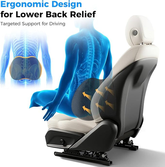 Lumbar Support Pillow for Car, Memory Foam Back Cushion for Lower Back Pain Relief, Ergonomic Car Seat Support with Breathable Airflow Channels for Driving, Office Chair, Wheelchair