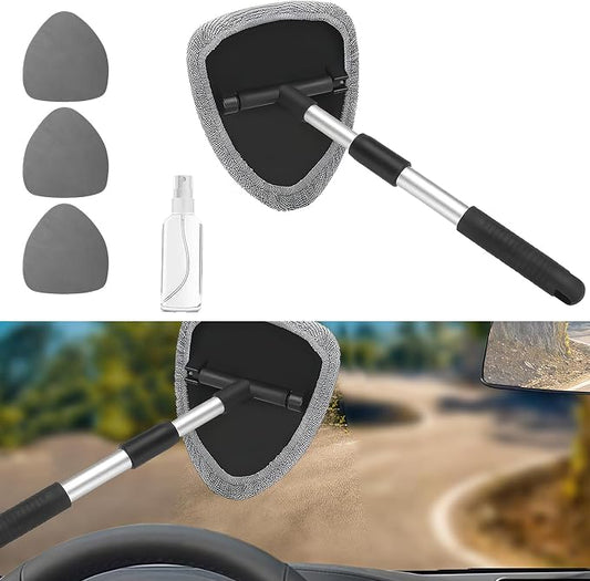Car Window Cleaner, Car Cleanser Brush, Car Accessories Car Cleaning Supplies Tools, Car Cleaning Kit with Extendable Handle, Microfiber Cloth, Spray Bottle, Fits All Cars (Gray)