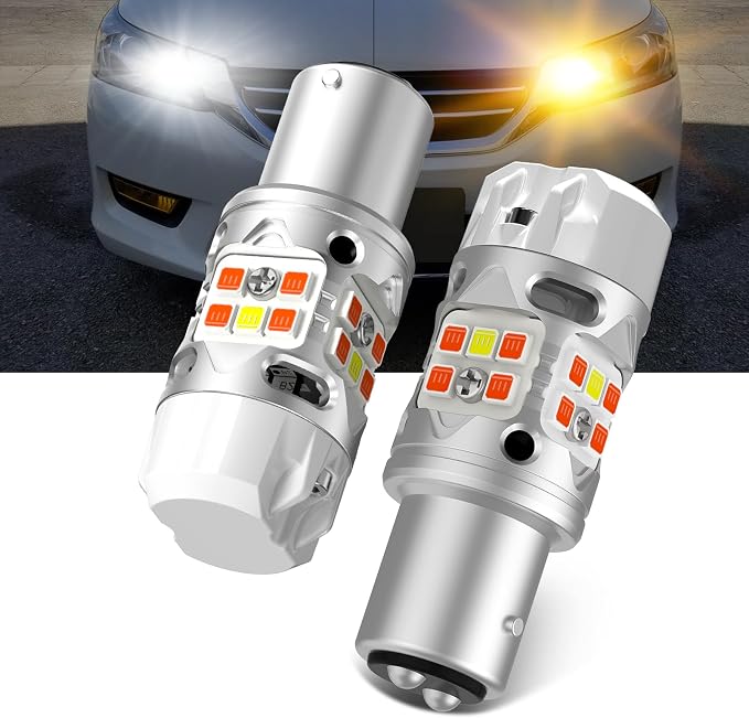 LASFIT T3 1157 Switchback LED Bulbs with Built-in Resistor, 500% Brighter Dual-Color White Amber Turn Signal Lights, Error-Free CANBUS Ready 2357 2057 7528 BAY15D P21/5W DRL Parking Bulbs, Pack of 2